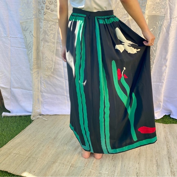 Vintage Silky Floral Tulips Butterfly Long Skirt - Picture 7 of 13